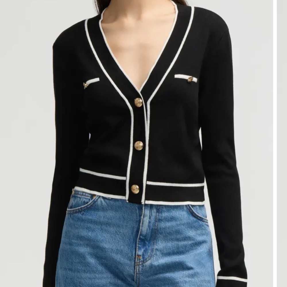 NWT NVLT Black Sweater with White Accents and Gold Buttons